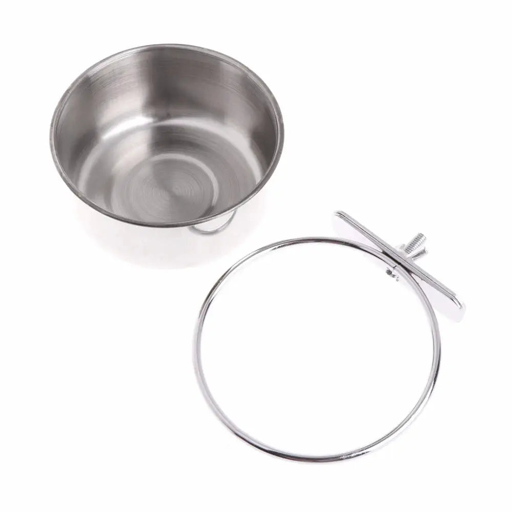 Stainless steel parrot feeding cups with clamp holder; silver bowl and ring by Simples Market, 2-piece set