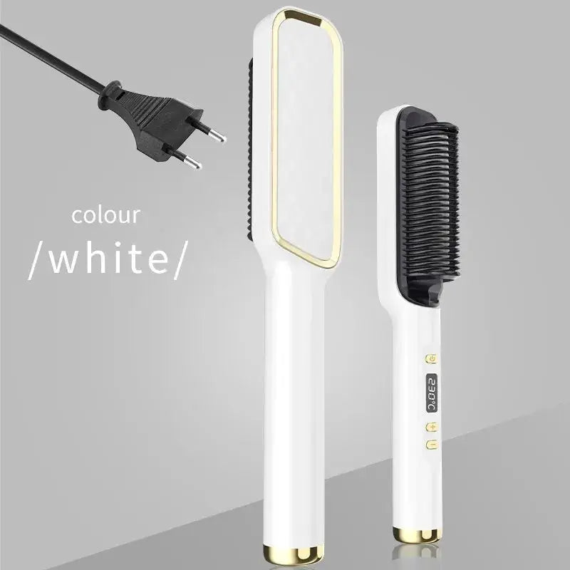 Simples Market two-piece electric hot comb and brush set in white with gold trim