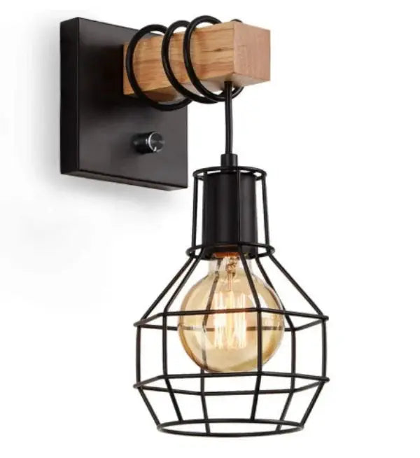 China Wall Sconce modern retro bedside wall lamp with black metal cage and wooden base bracket