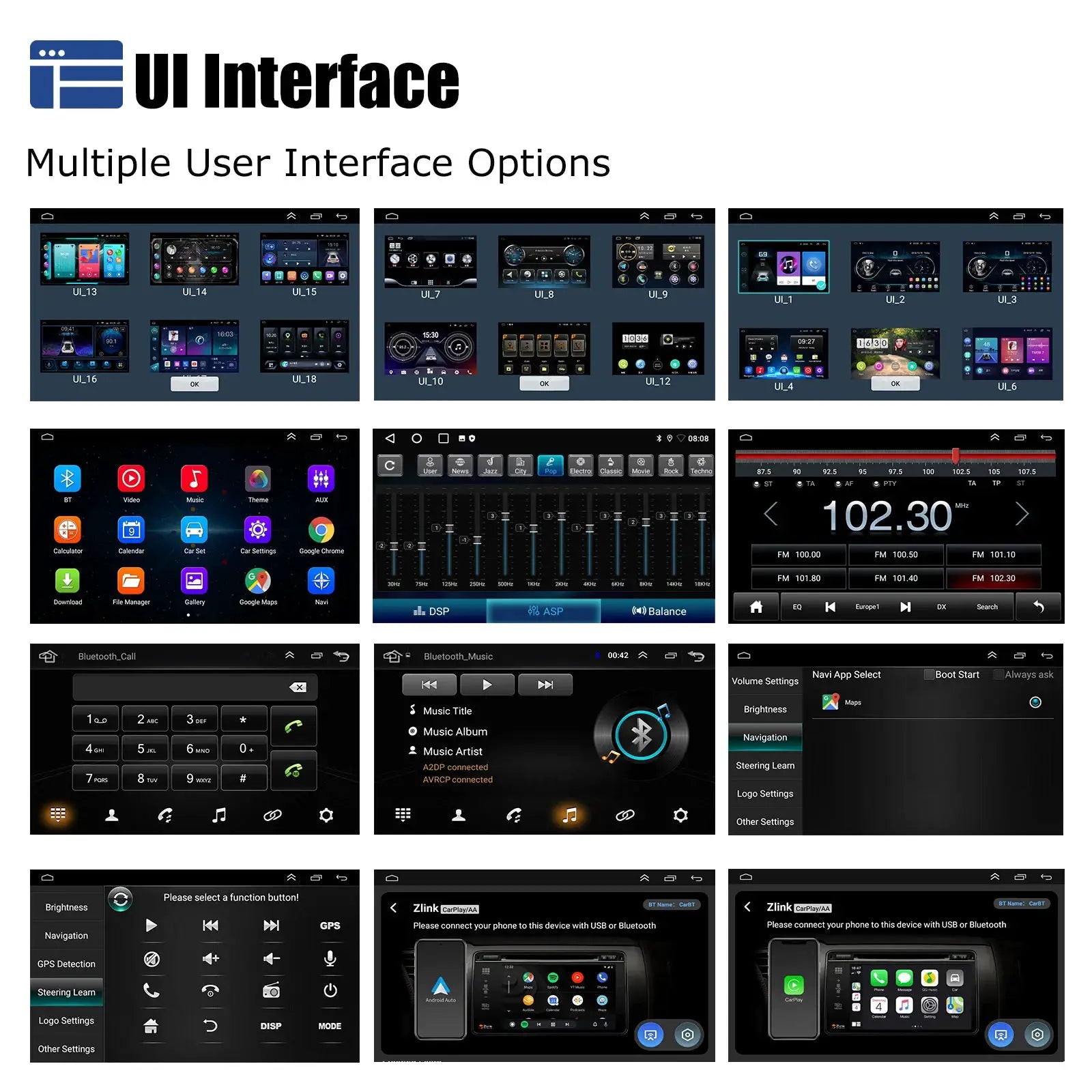 2-DIN ESSGOO Android car stereo UI collage with 7/9/10-inch touchscreens by Simples Market