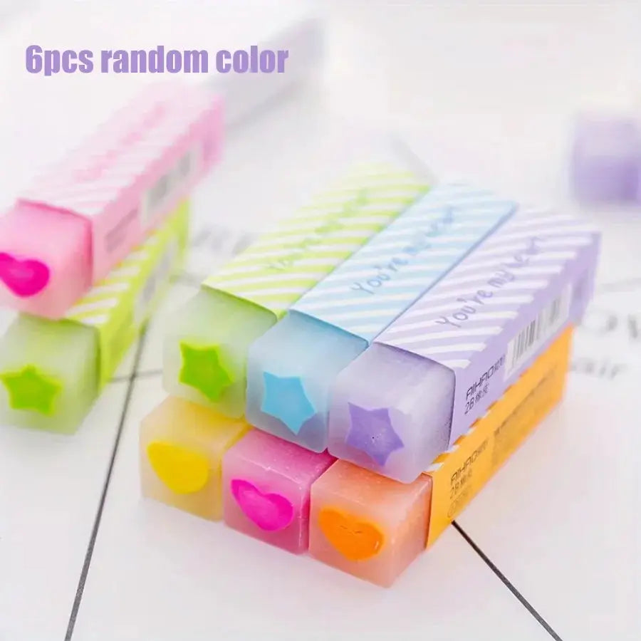 6pc eraser set with heart and star patterns in pastel colors by Simples Market for school use