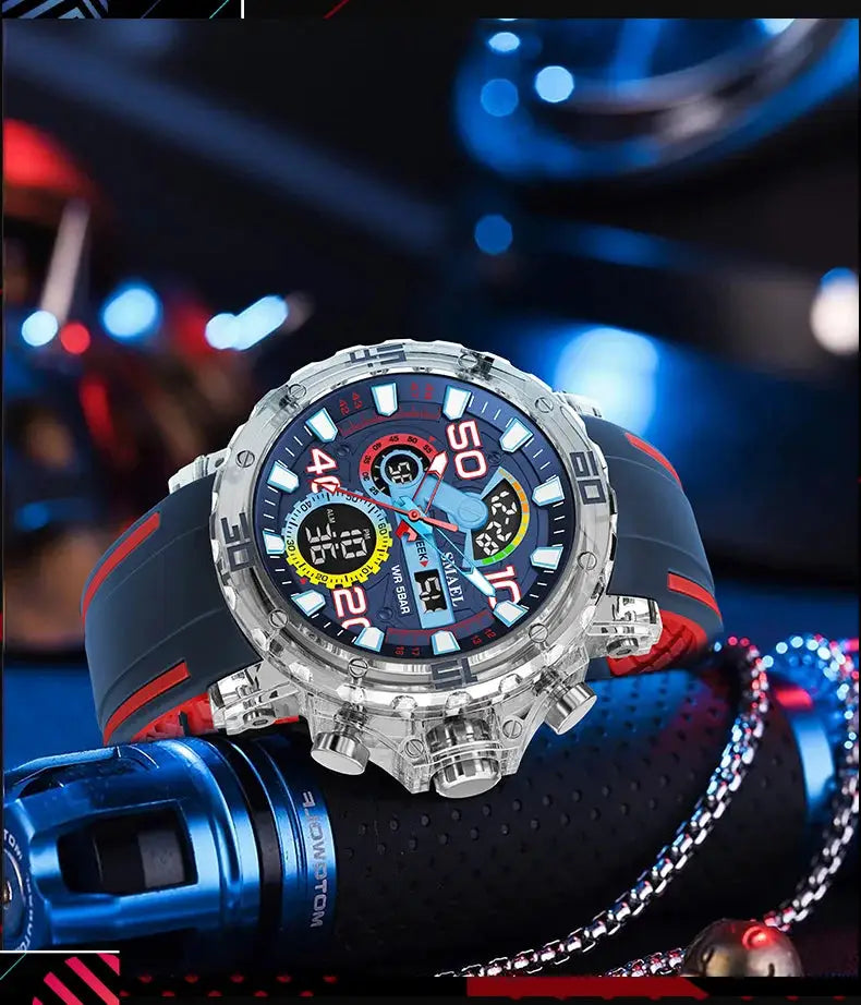 Military-style men's digital sport watch with blue dial, silver bezel and blue-red strap.