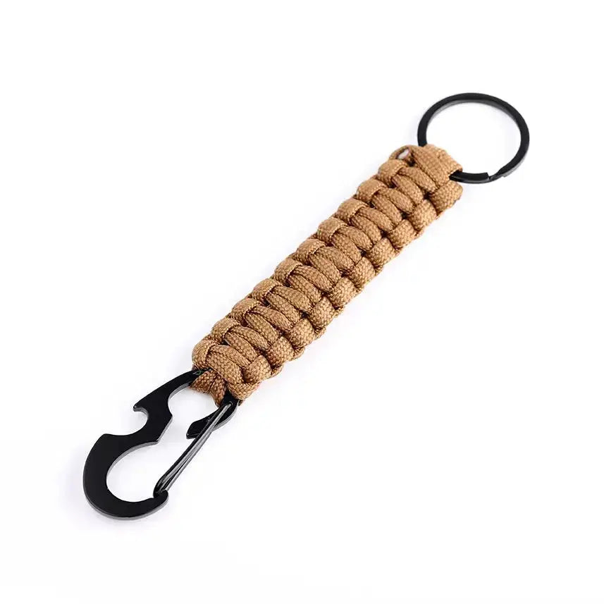 Paracord keychain with bottle opener and keyring, tan braided military-style