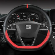 Steering wheel cover, microfiber leather with red trim and stitching, 38cm diameter, fits SEAT models