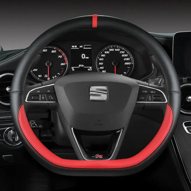 Steering wheel cover, microfiber leather with red trim and stitching, 38cm diameter, fits SEAT models