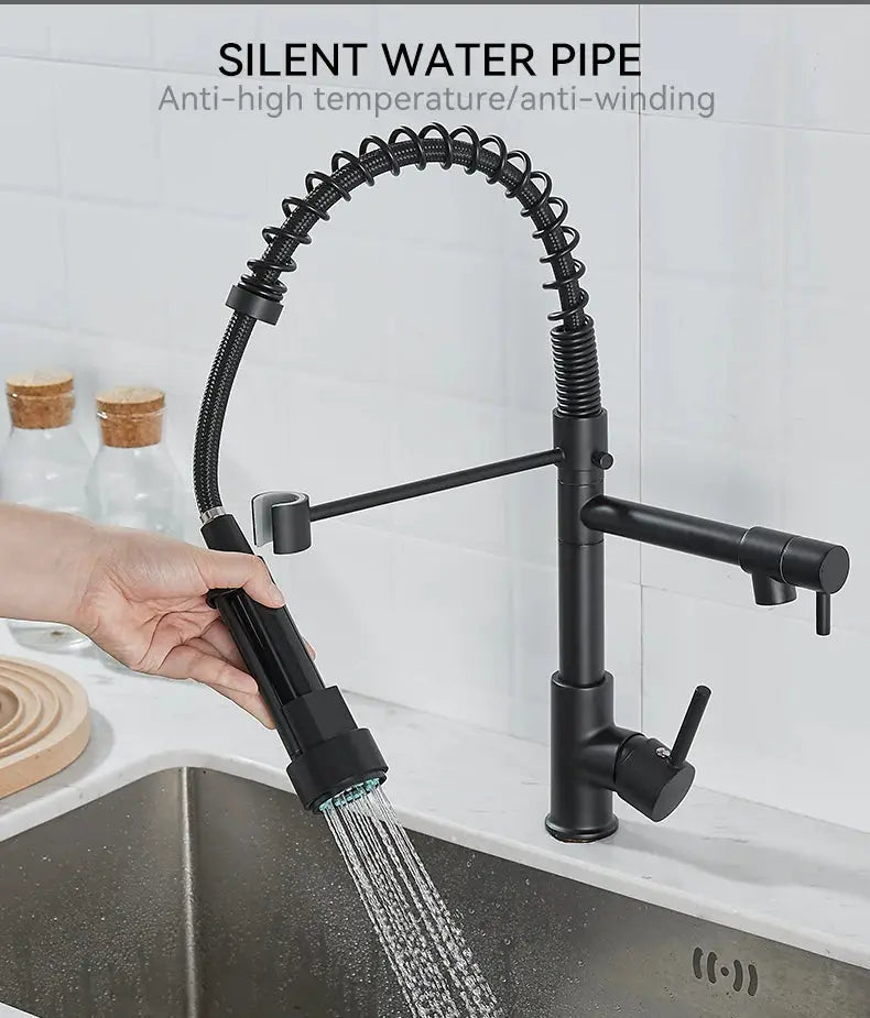 Kitchen faucet with pull-down sprayer, high-arc spring hose, black matte finish, Simples Market.