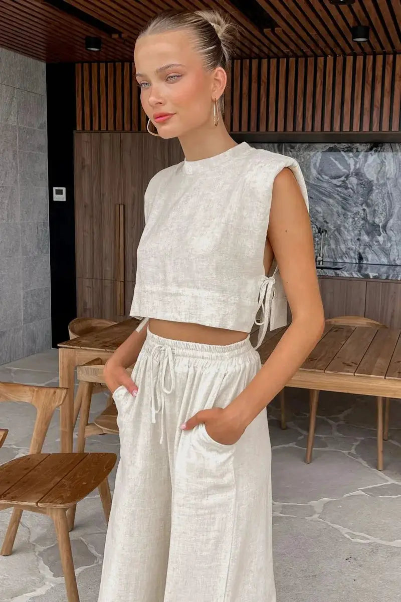 Linen Two Piece Pant Set With Crop Top For Women Spring Summer 2025