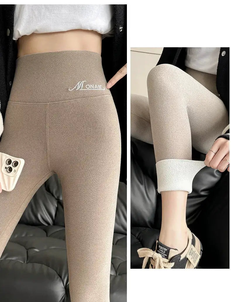 Winter cashmere leggings for women, beige high-waisted, thick velvet-lined stretchy pants by Simples Market