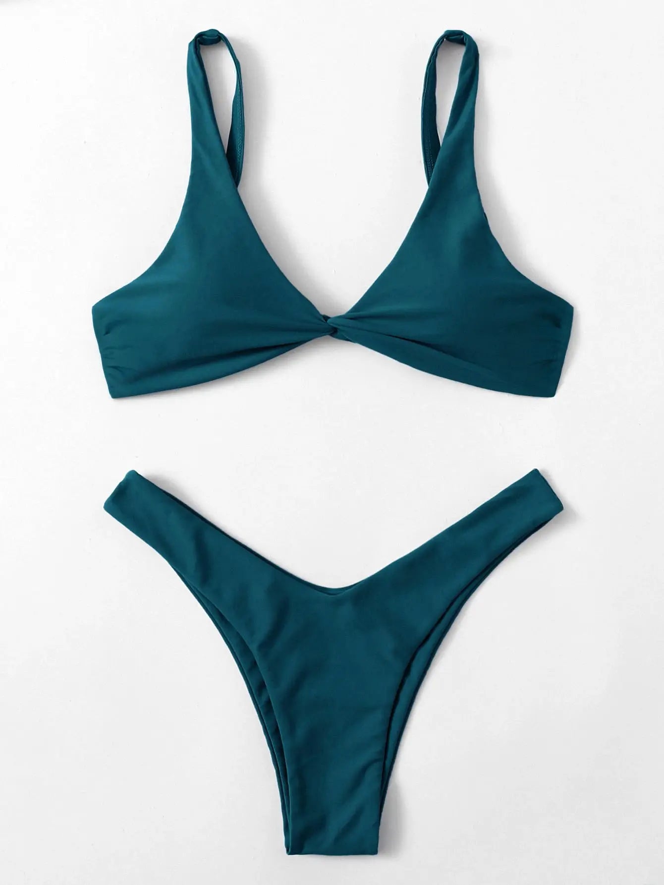 Solid teal two-piece bikini set with twisted padded triangle top and high-leg bottoms.