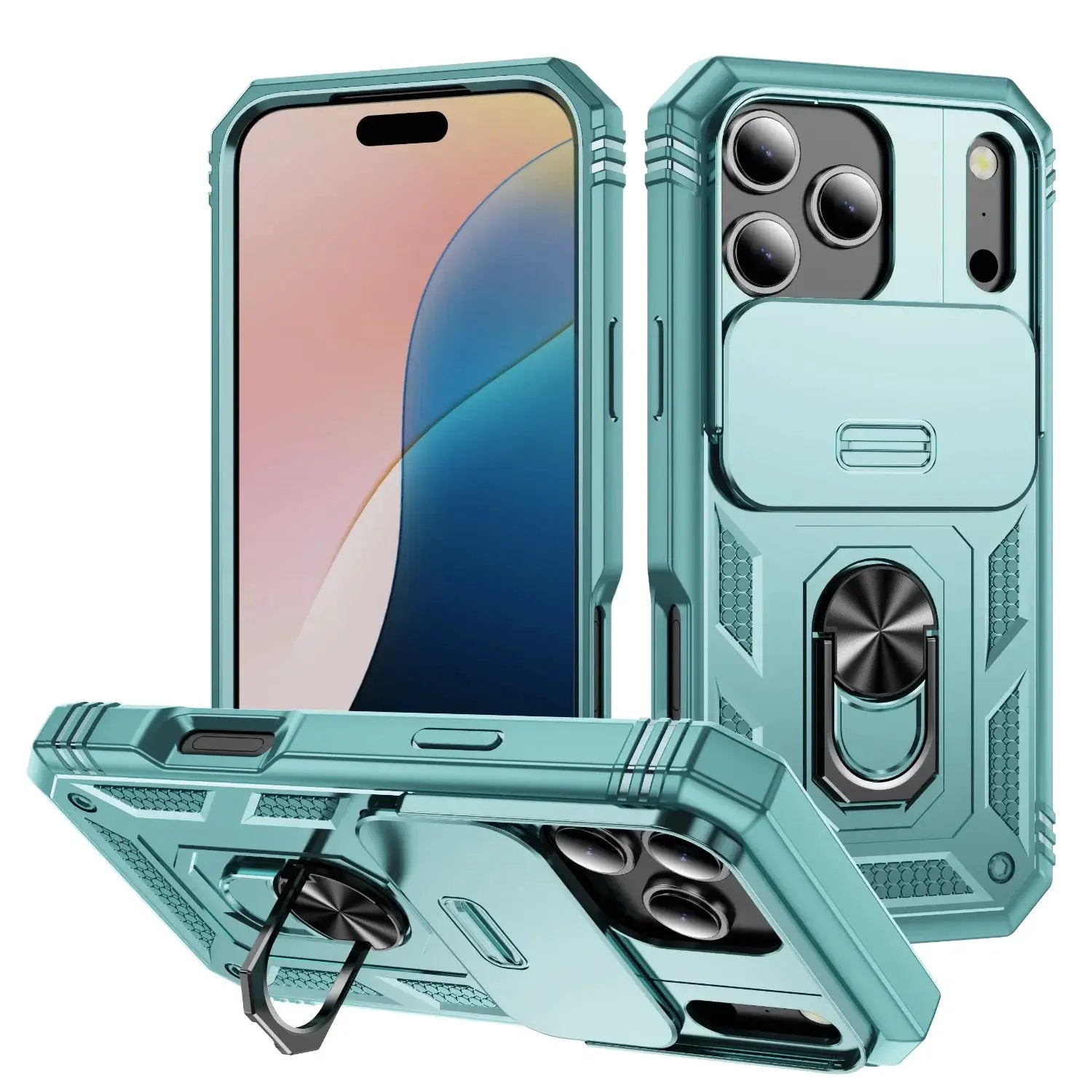 iPhone case in teal, heavy-duty with built-in 360° rotating kickstand and slide camera cover