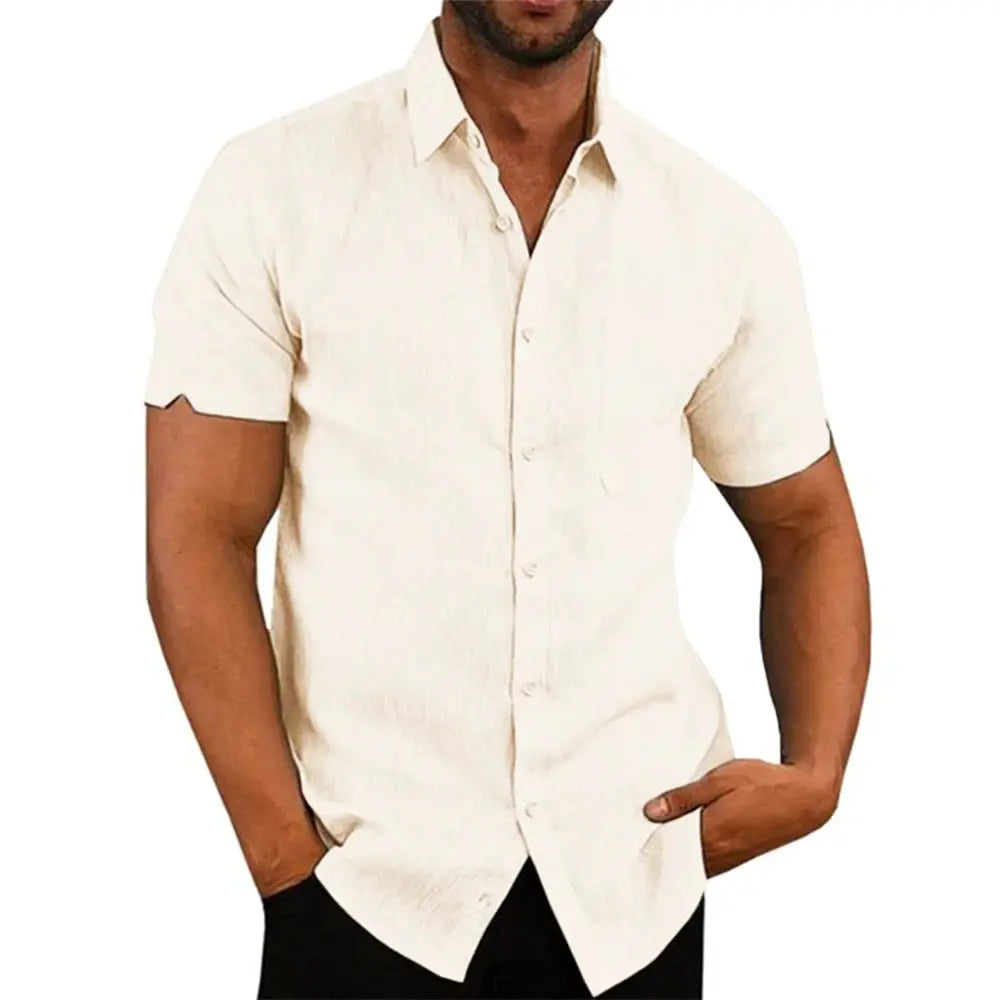 Men's cream cotton-linen short-sleeve shirt with turn-down collar, casual beach style