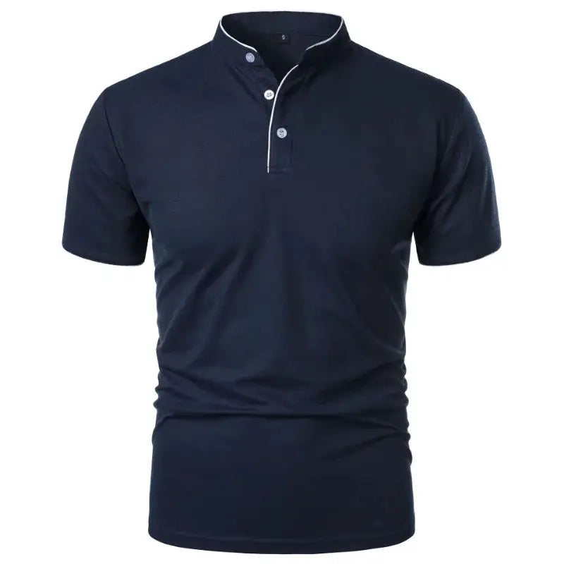 Men's navy polo shirt, short sleeves, collared with white-trim placket, breathable casual top.