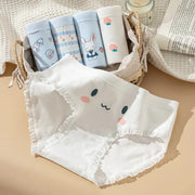 5-pack cotton women's panties with cute rabbit face prints; white pair with pink cheeks and lace trim