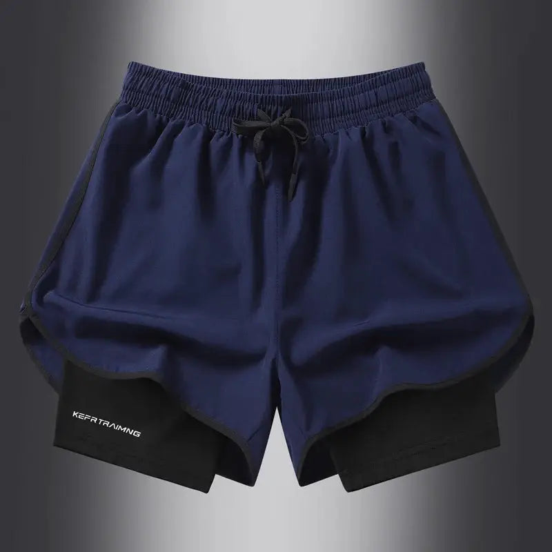 Simples Market quick-dry running shorts, navy outer with black underlayer and drawstring waistband