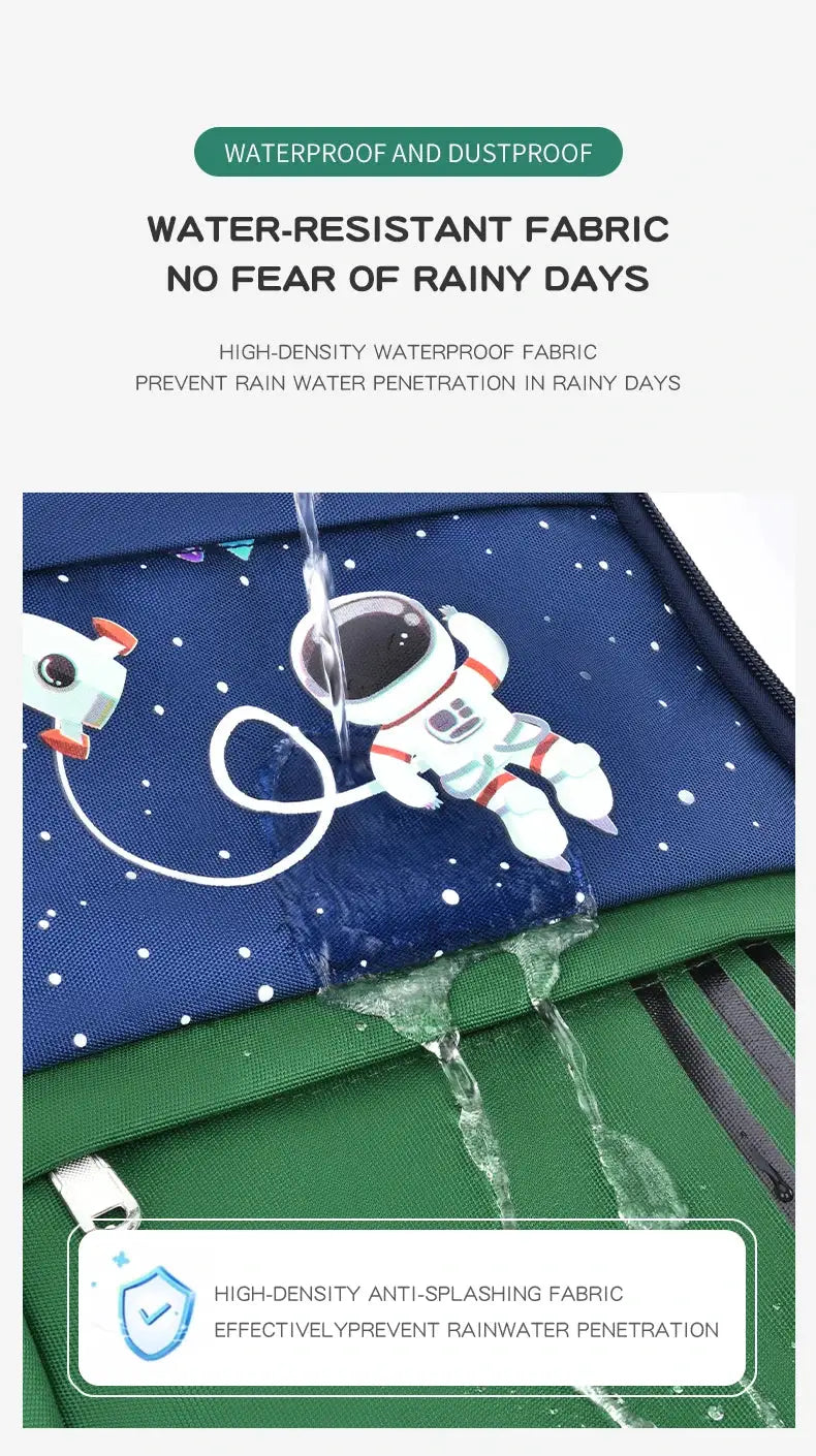 Astronaut-themed school backpack for kids, blue with green bottom, waterproof fabric