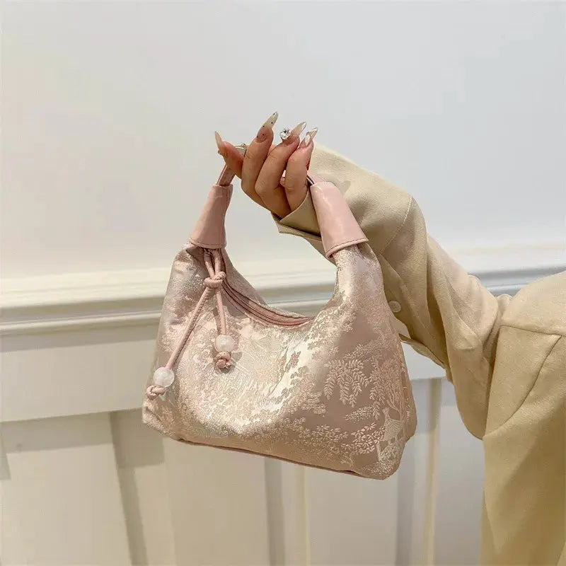 Simples Market embroidered pink handbag with floral brocade, tassel drawstring, shoulder/crossbody bag
