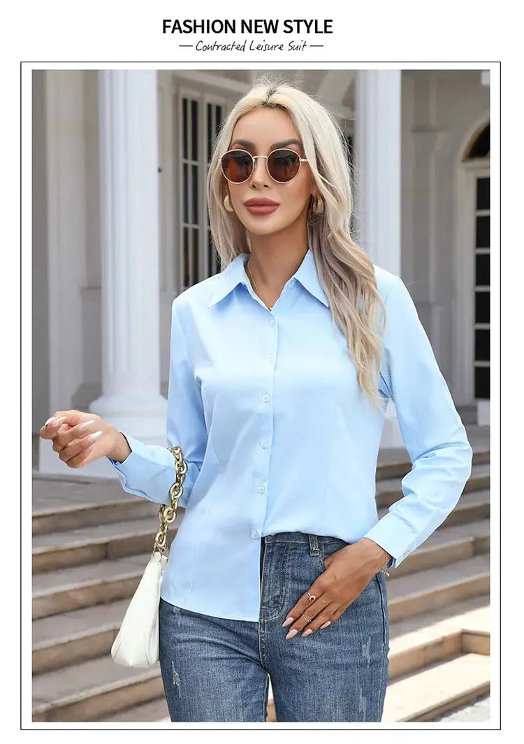 Women’s light-blue chiffon button-down blouse with long sleeves and turn-down collar, casual OL top.