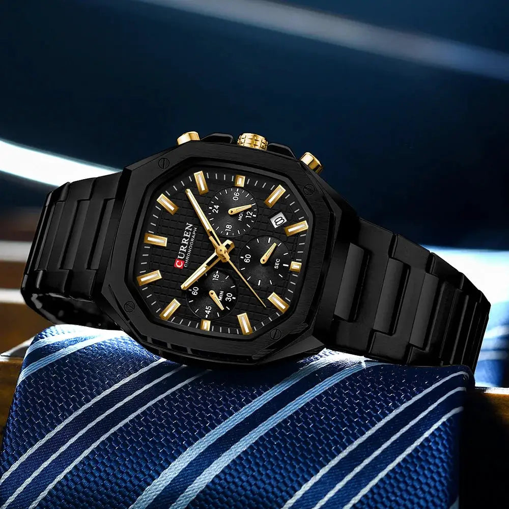 CURREN men's square stainless steel chronograph watch with date, black band and gold-tone hands and markers