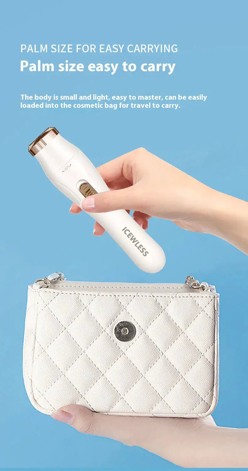 Electric women's trimmer ICEWESS, white waterproof handheld shaver with a white quilted pouch.