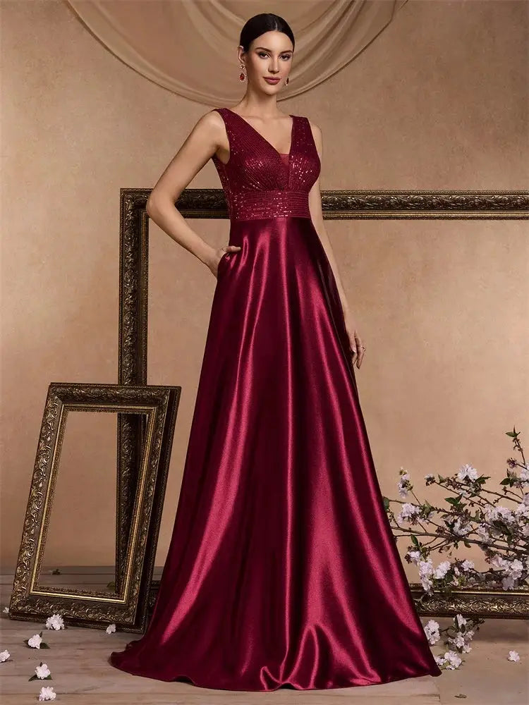 Emerald Green Sequin Evening Dress V Neck Satin Prom Floor Length