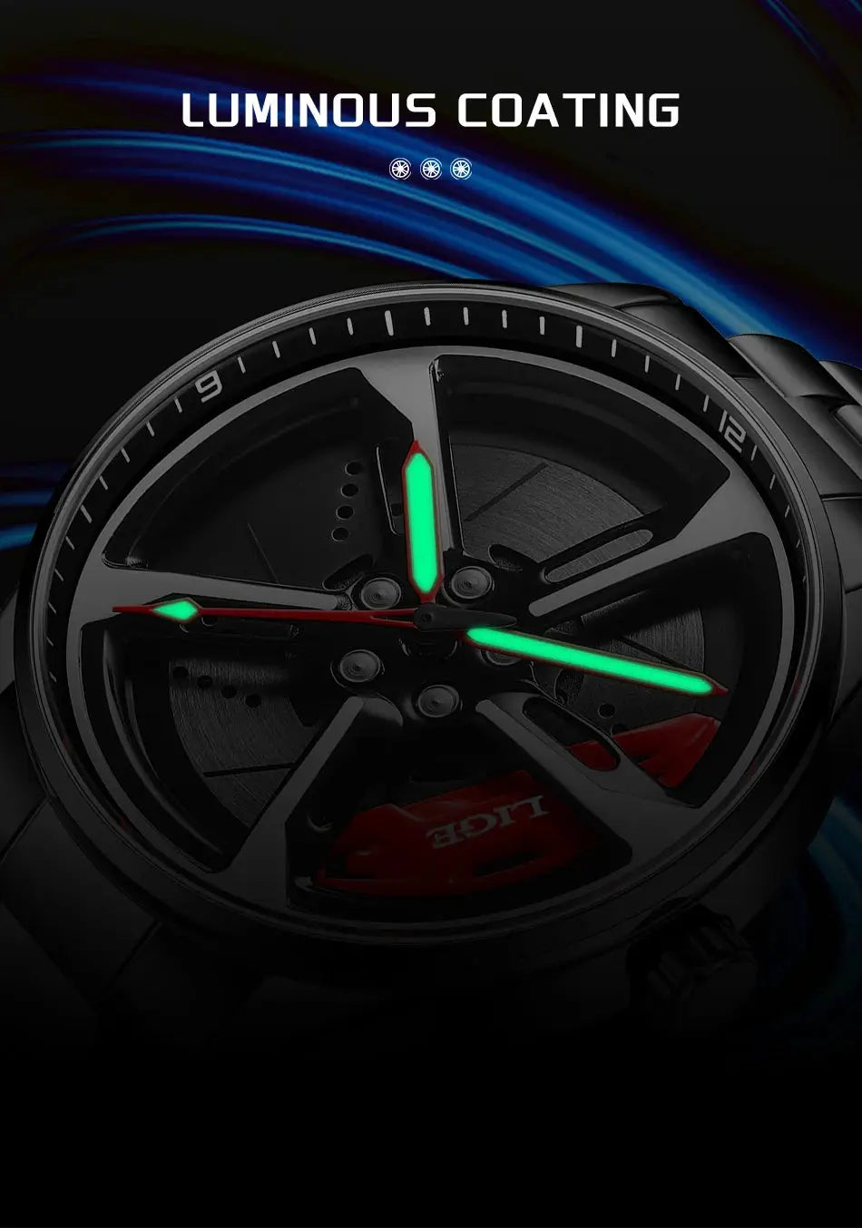 LIGE sport watch with black stainless steel strap, wheel-rim dial, and luminous green hands