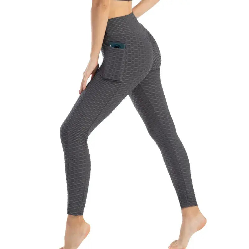 Women's pocket bubble leggings, grey textured high-waisted gym pants with side pocket