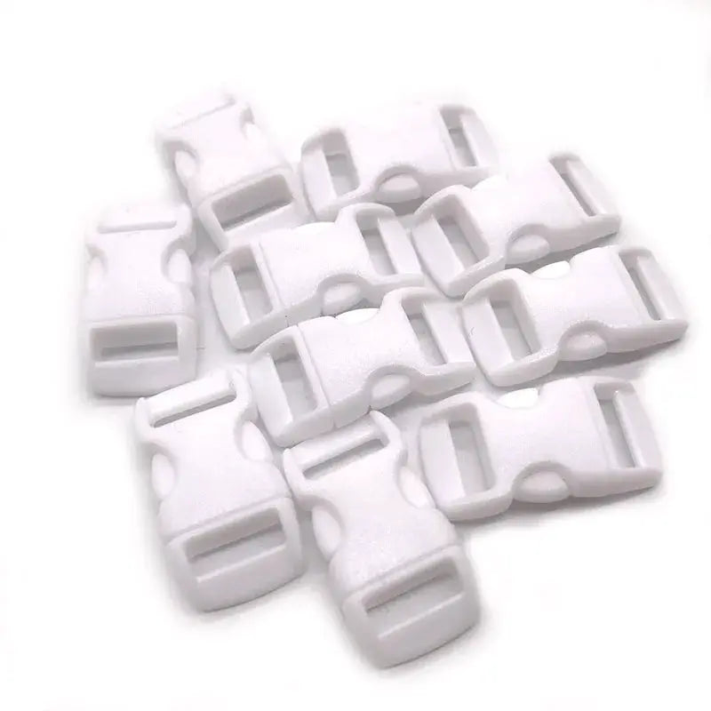White plastic side-release buckles by Simples Market, 10mm (3/8"), curved paracord bracelet clasps; set of multiple pieces