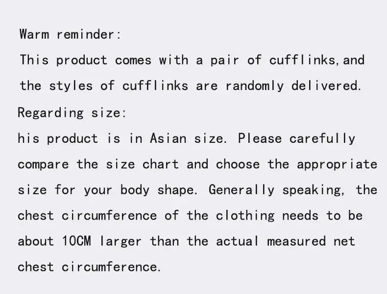 Cufflinks notice by Simples Market; includes a pair of cufflinks, random styles, and Asian sizing guidance.