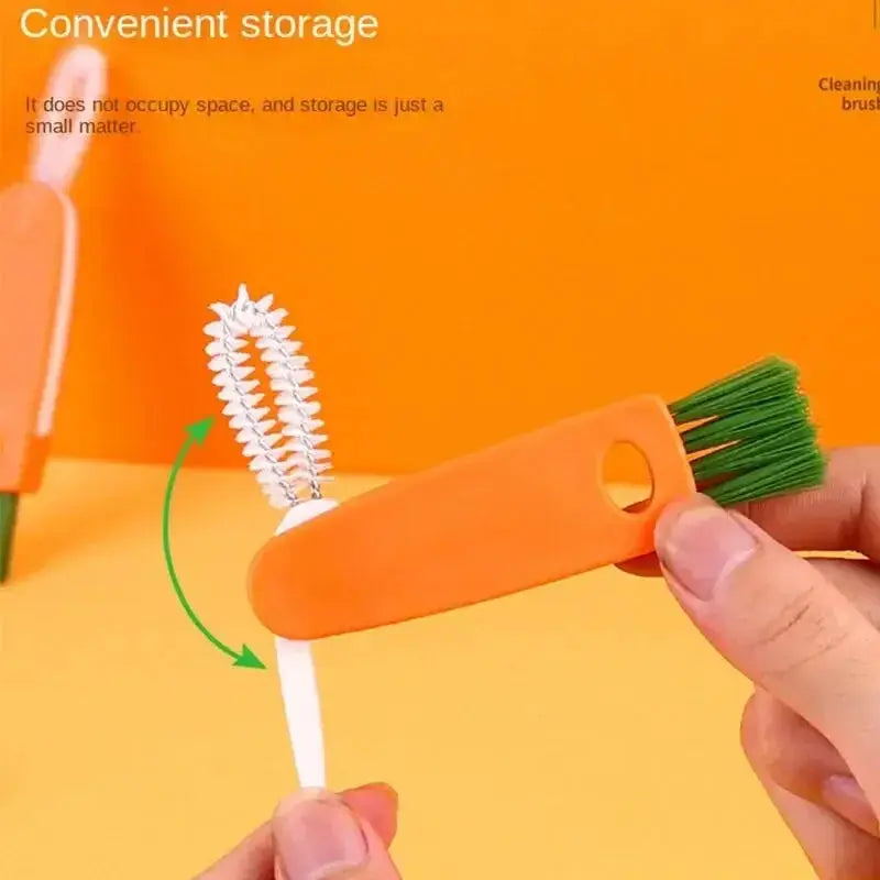 Orange-handled bottle cleaning brush with green bristles and white curved straw head, multi-function tool