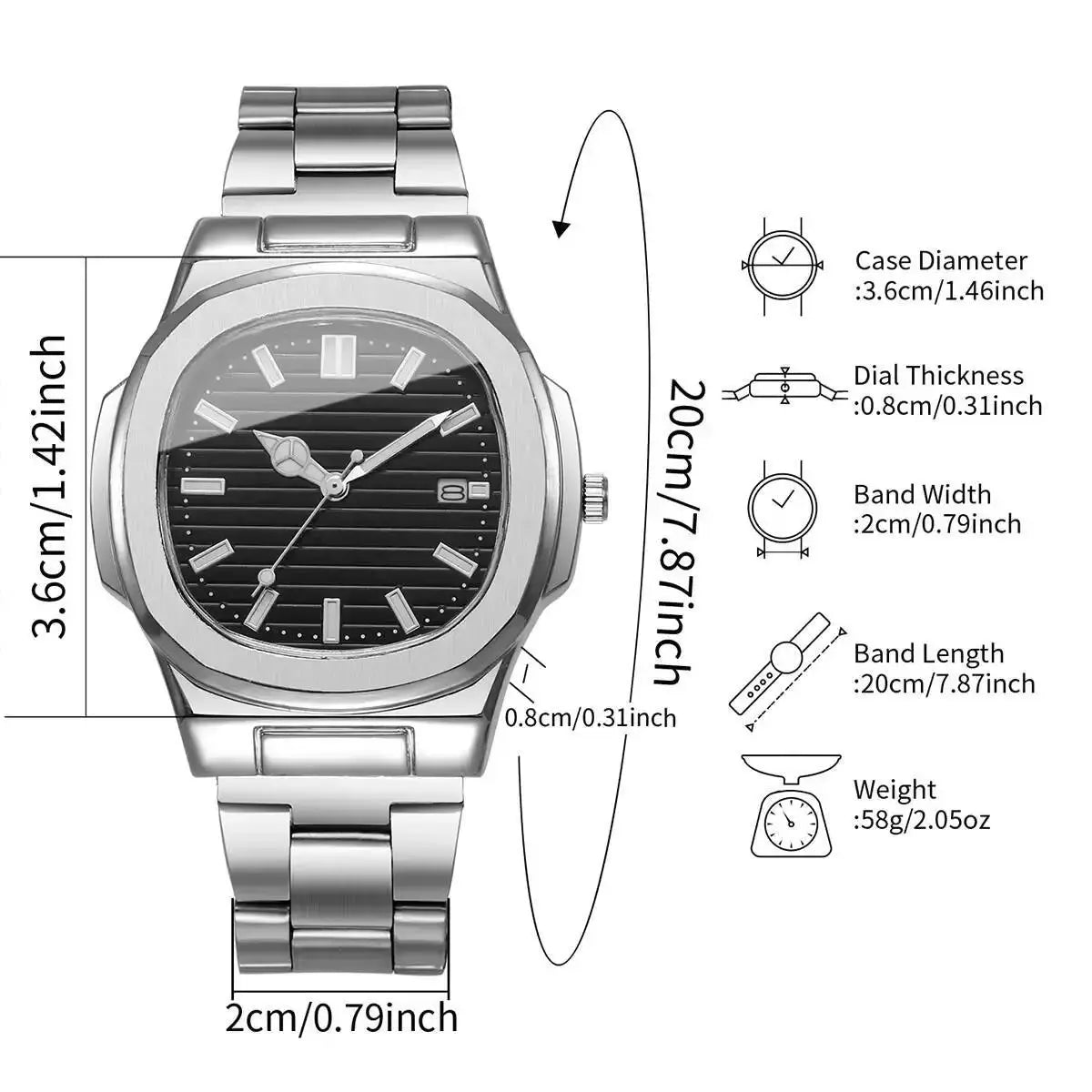 AuroraTime Luxury Square Dial Mens Business Watch Stainless Steel Strap Quartz Movement Calendar