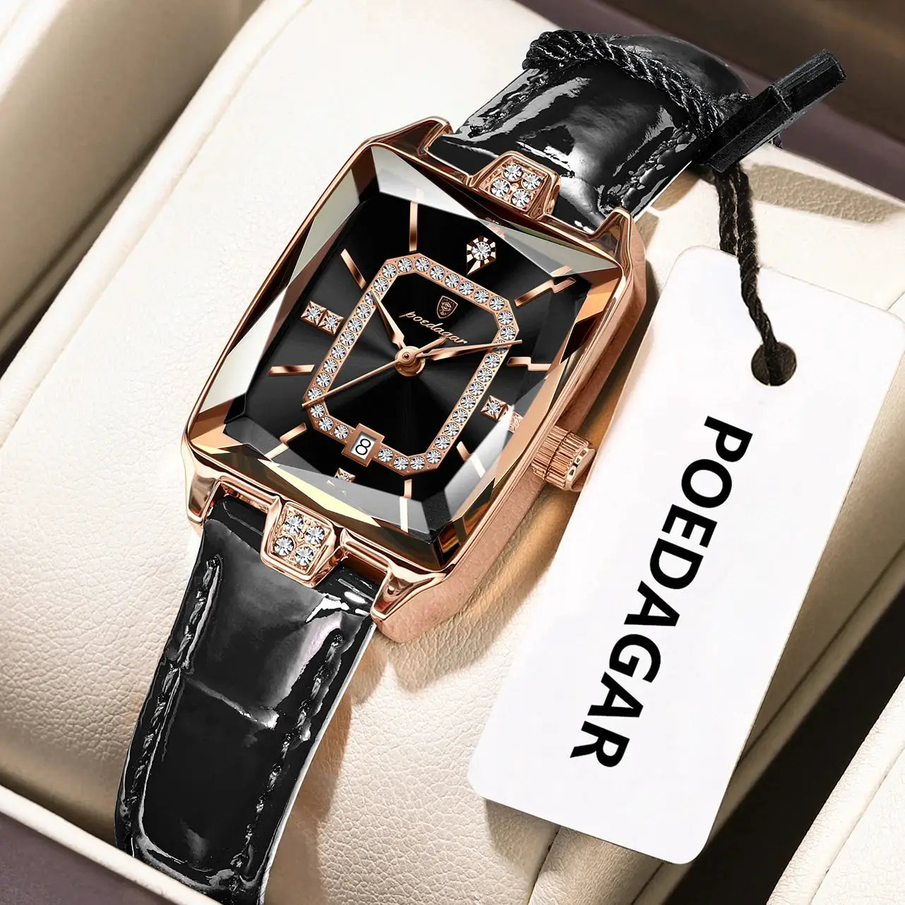 POEDAGAR luxury women's wristwatch with rose-gold case, black dial with crystal accents, and black leather strap
