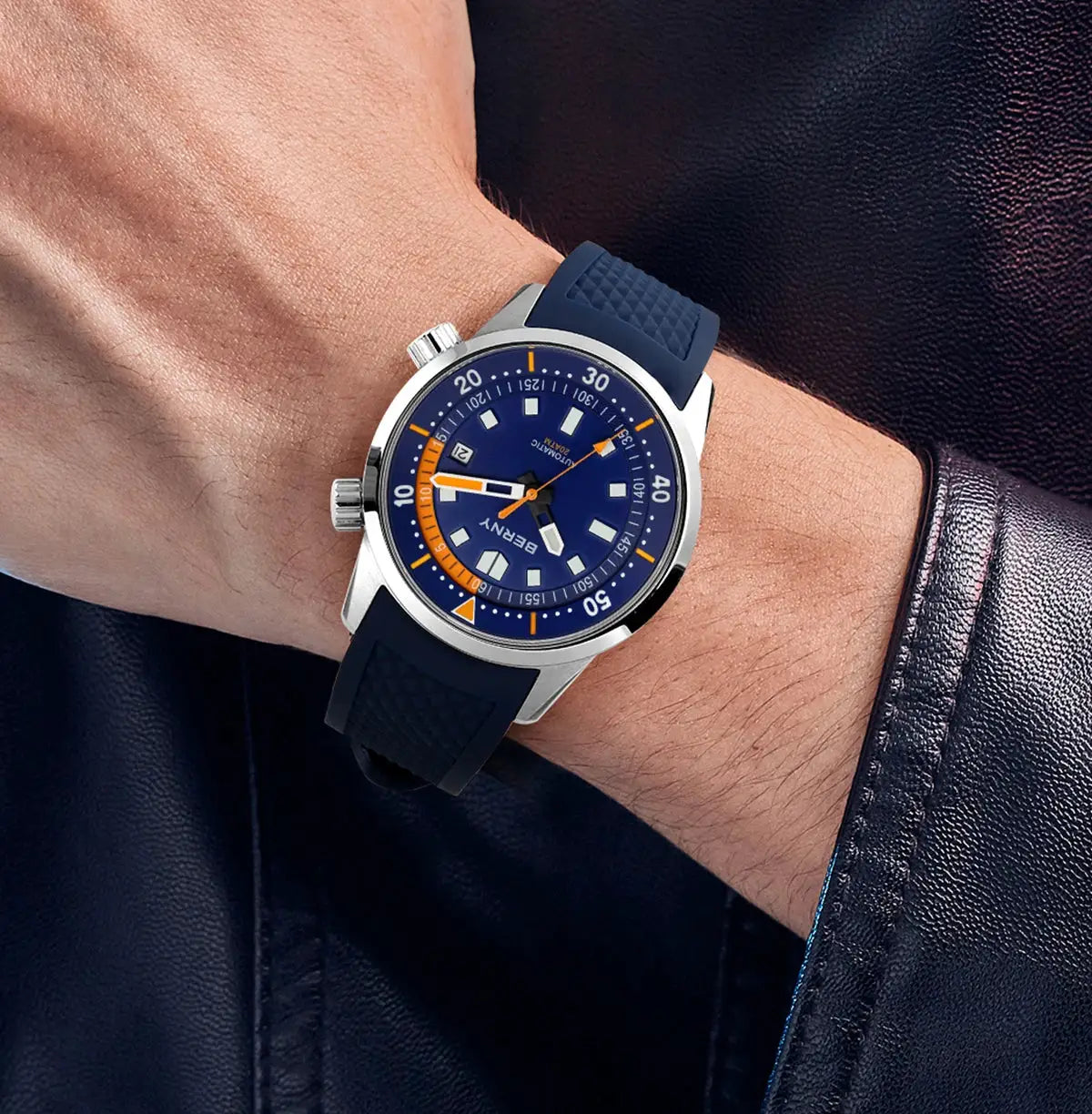 BERNY men's dive watch by Simples Market; 42mm stainless steel case, blue dial with orange accents, blue silicone strap.