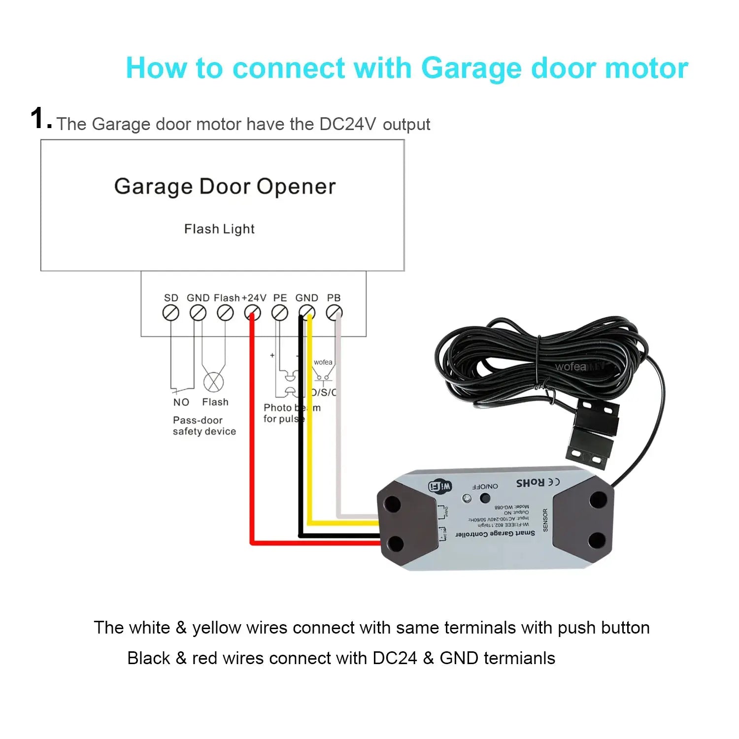 Wofea WiFi smart garage door opener controller with wiring diagram and bundled cable
