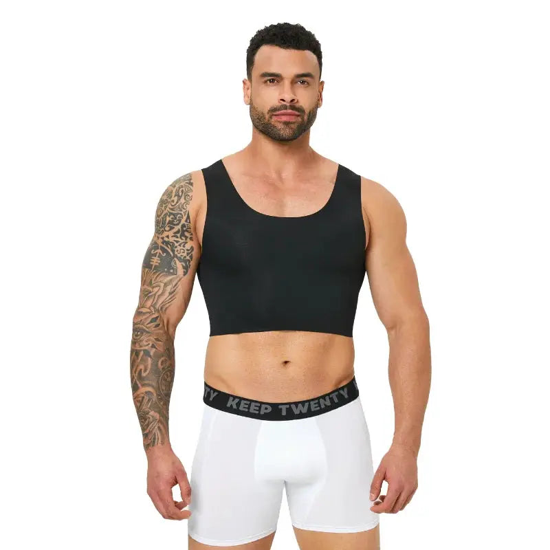Simples Market men's seamless shaping short vest, black sleeveless top with white boxer briefs