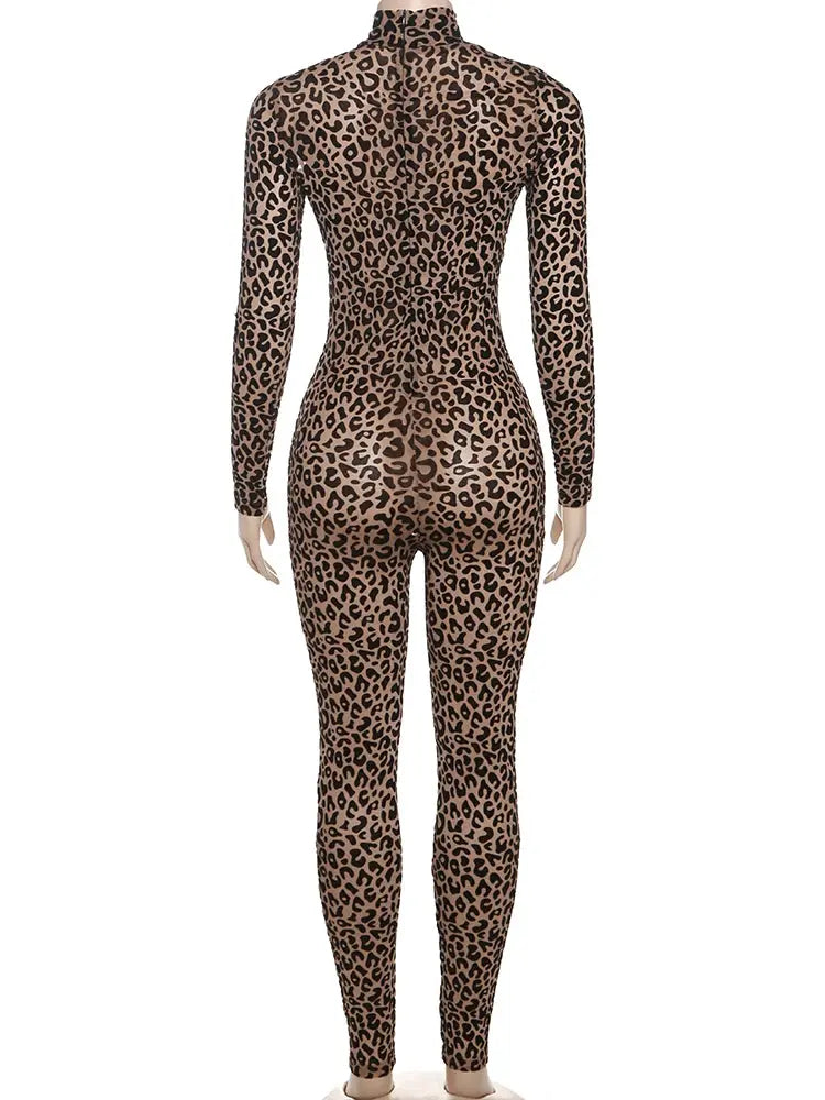 Leopard print mesh jumpsuit for women, long sleeves, full-length fit in tan and black