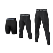 Men's black compression pants set of three: shorts, knee-length, and full-length leggings with PRO COMBAT waistband