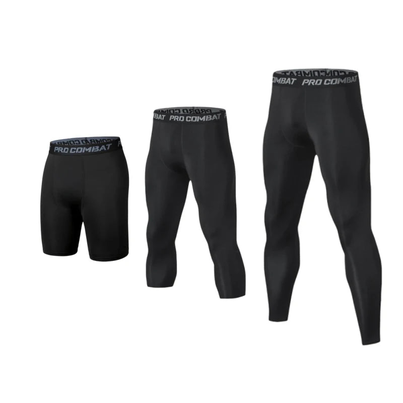 Men's black compression pants set of three: shorts, knee-length, and full-length leggings with PRO COMBAT waistband