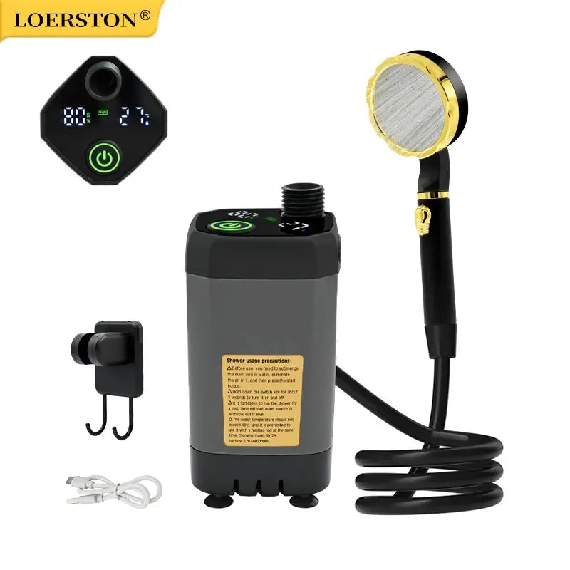 Camping shower pump kit with digital display, 6000mAh, gray/black unit and gold-rim shower head (Simples Market).