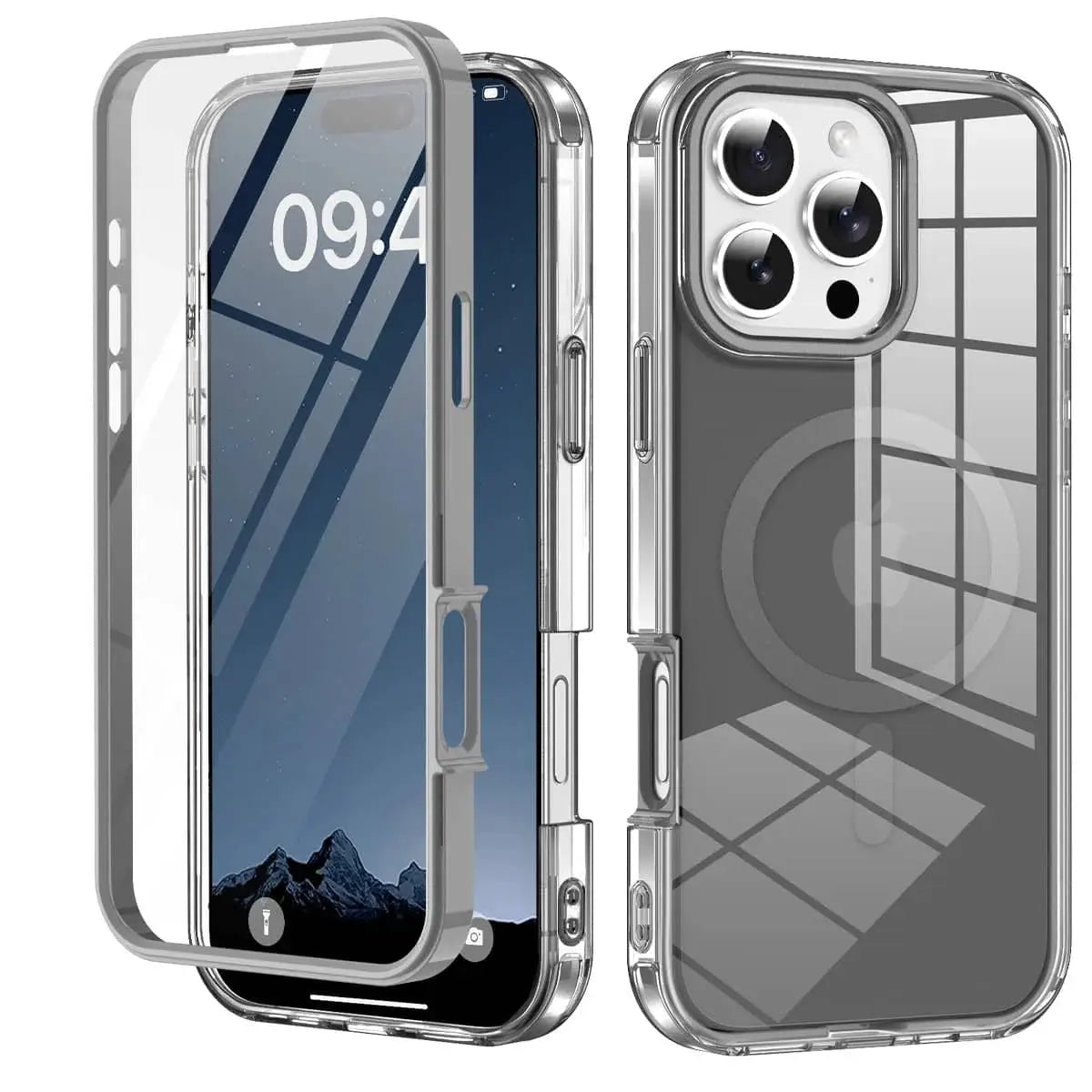 iPhone case, transparent full-body shockproof with magnetic built-in screen protector (2-pack)