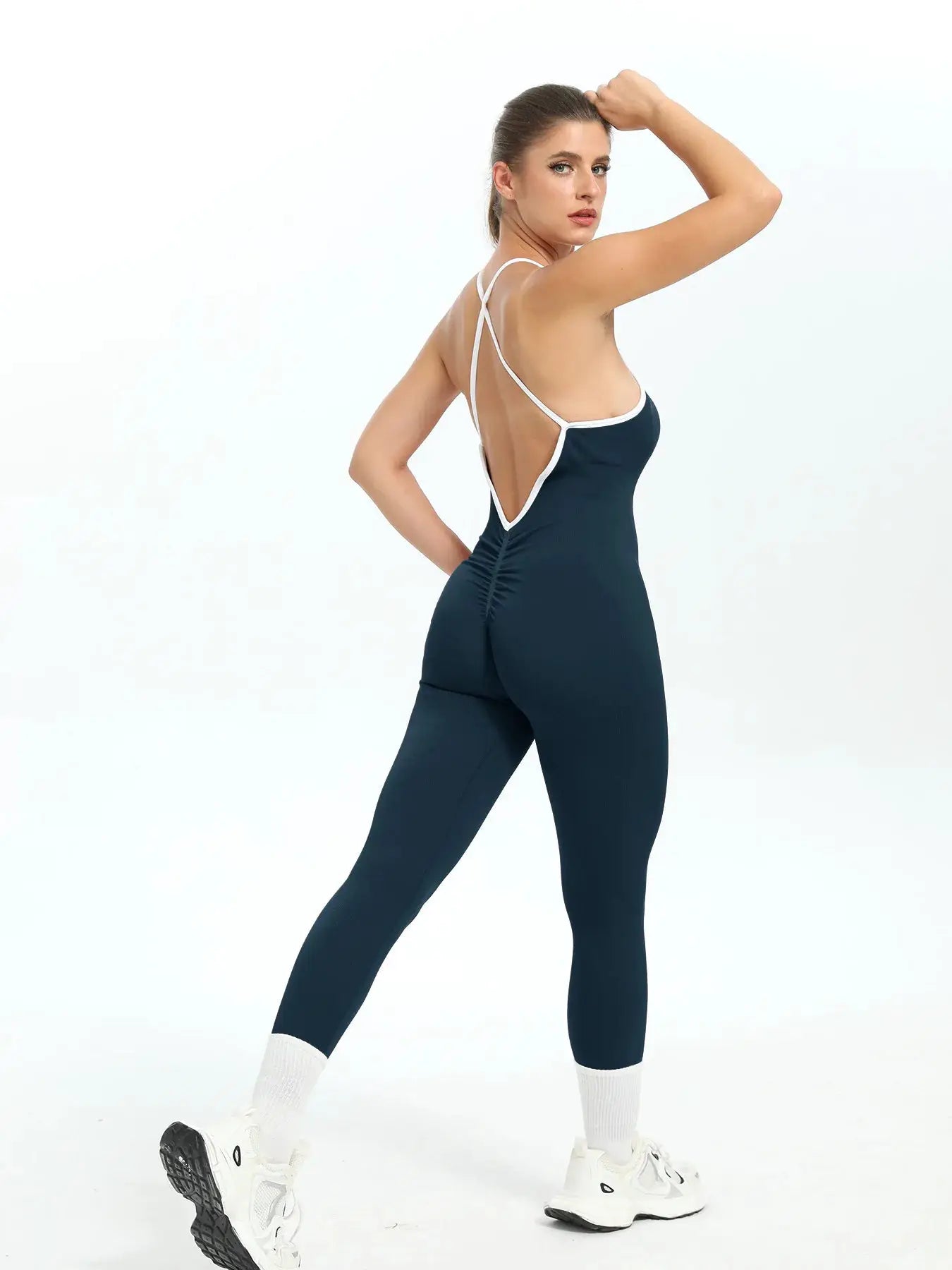 Women seamless sports jumpsuit navy with white trim, back open design, gym bodysuit Simples Market