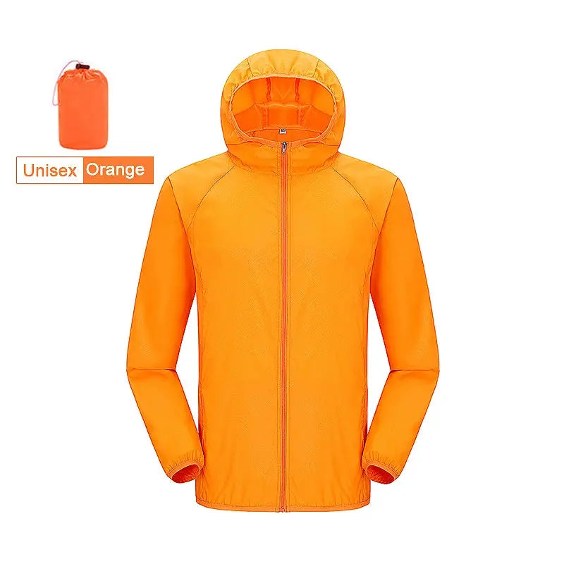 JNLN unisex orange waterproof hiking jacket with hood and front zipper, quick-dry windbreaker with carry pouch
