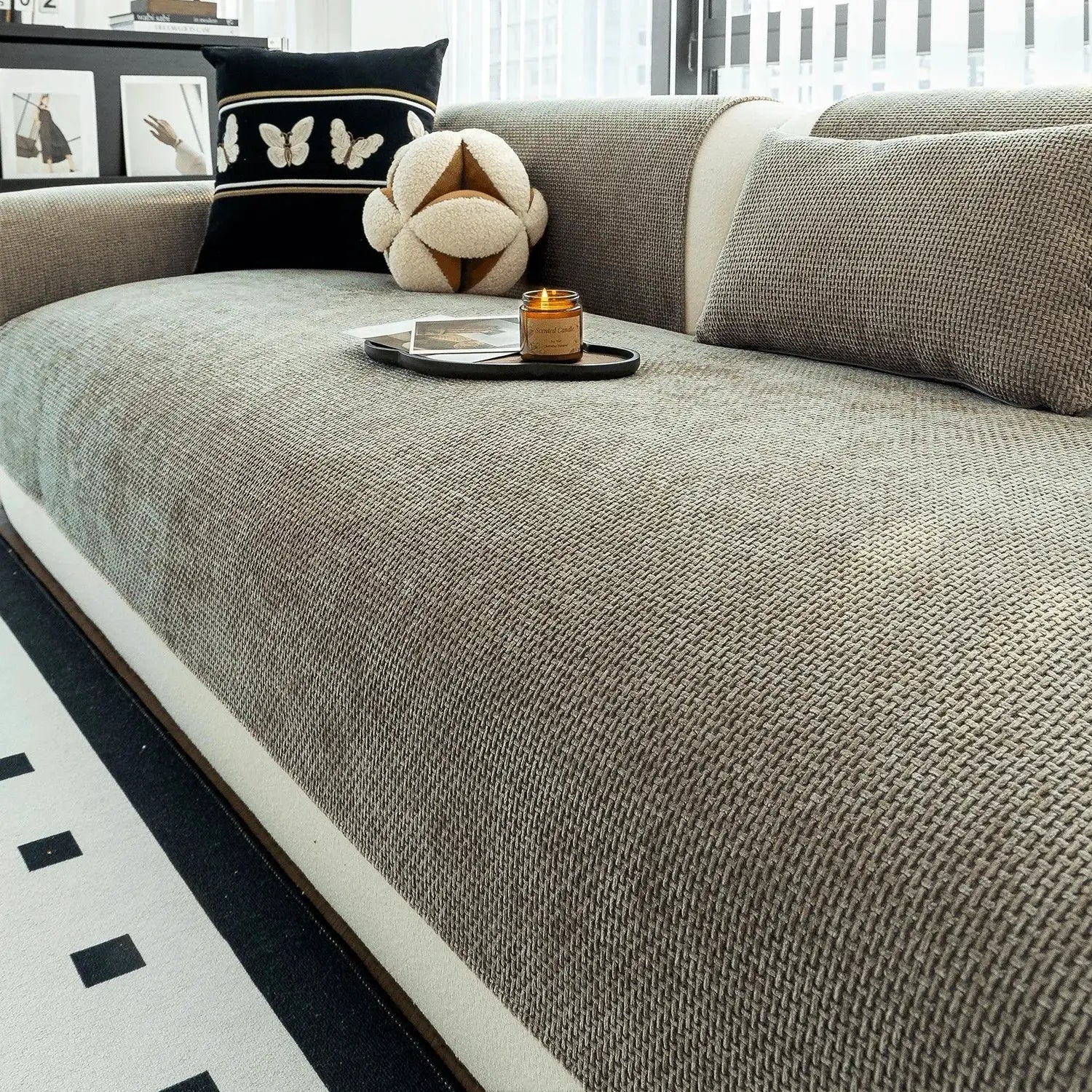 Minimalist beige jacquard weave sofa cover anti-slip for all-season living room couch