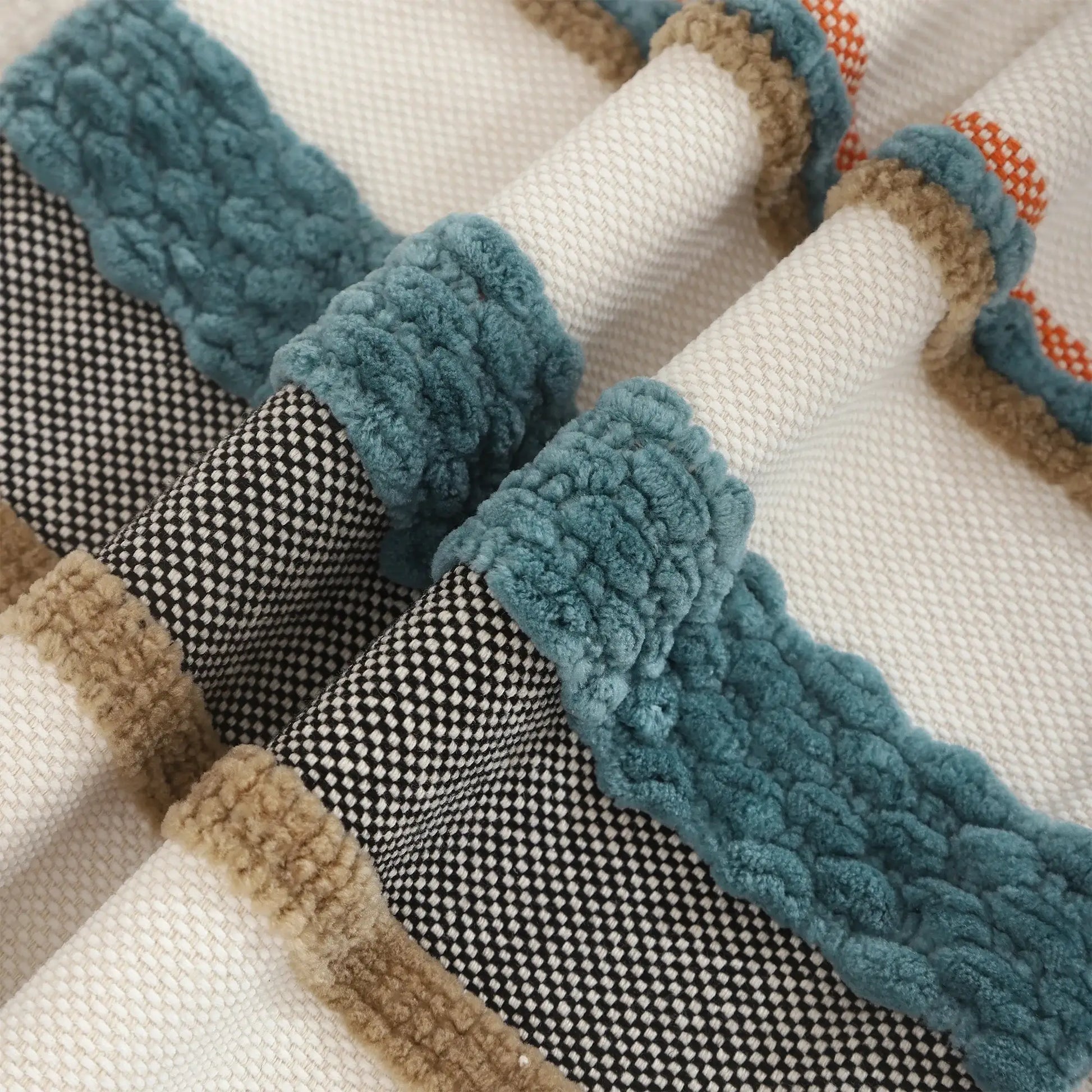 1-piece 18x18 Boho cushion cover with teal chenille pom-pom trim on cream woven background