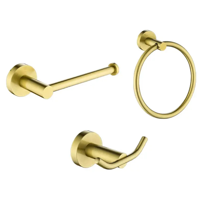 Simples Market brushed gold bathroom hardware set: towel ring, towel bar, and robe hook.