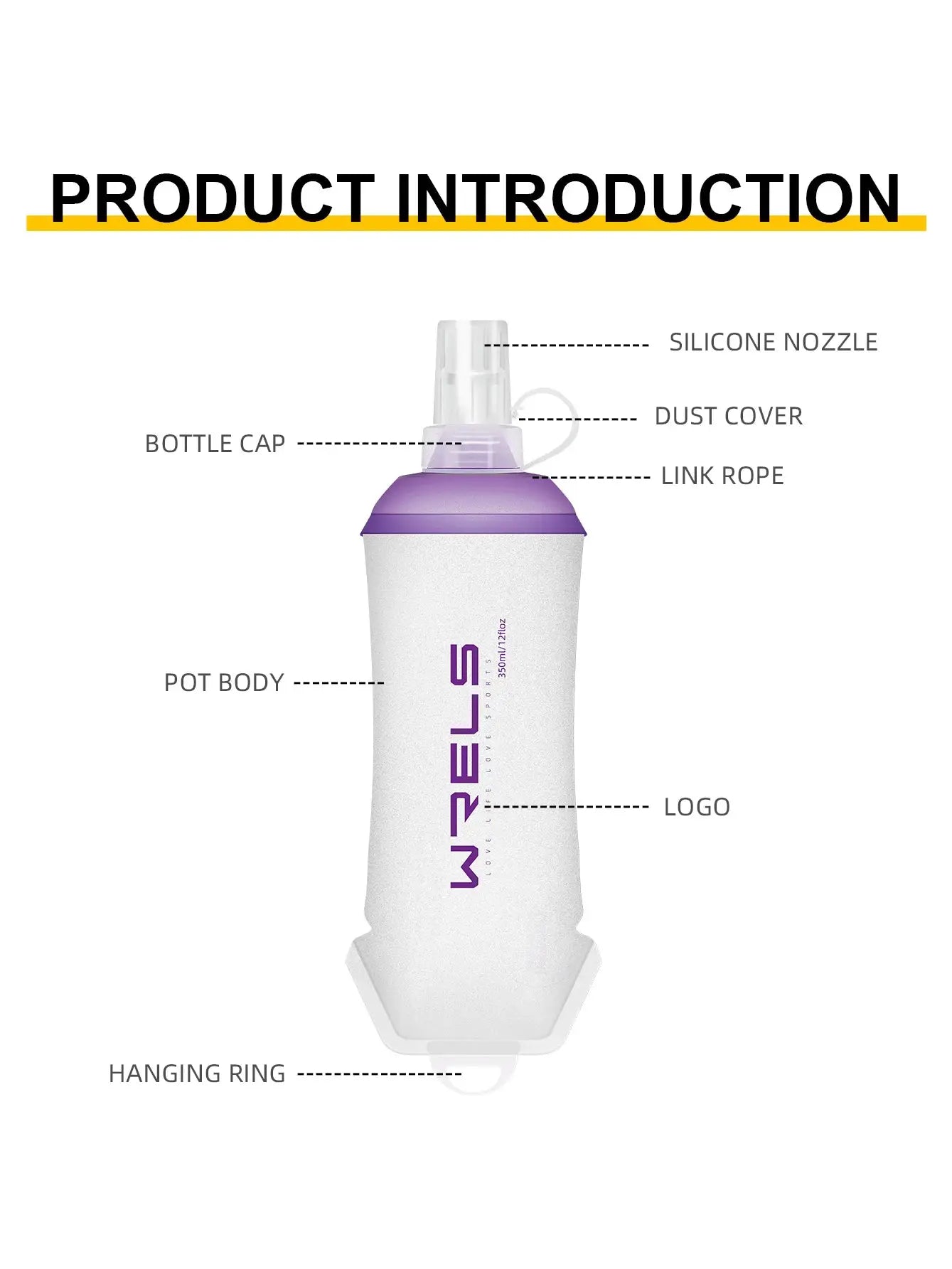 WRELS TPU soft folding water bottle by Simples Market; white body with purple cap and hanging ring, BPA-free