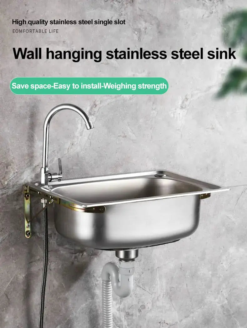 Wall-hanging stainless steel sink with bracket and gooseneck faucet by Simples Market.