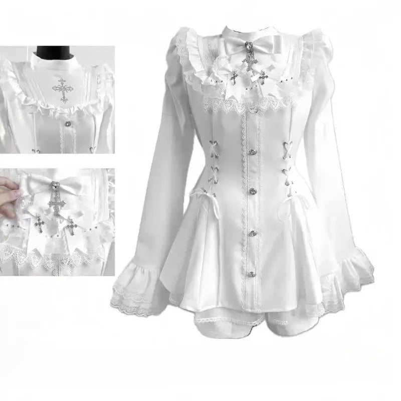 Japanese Gothic Lolita Dress Set Women Harajuku Y2K Bow Lace Ruffles