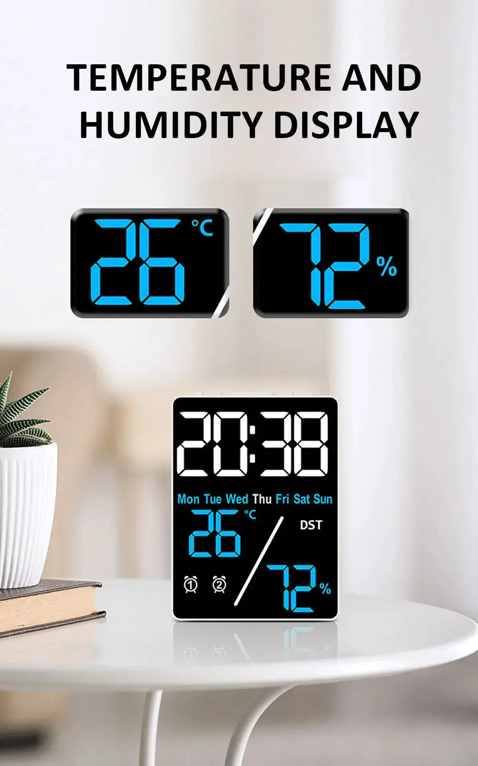 Large-screen digital alarm clock with humidity display; blue LED digits, brightness adjustable; shows 20:30, 26°C, 72%