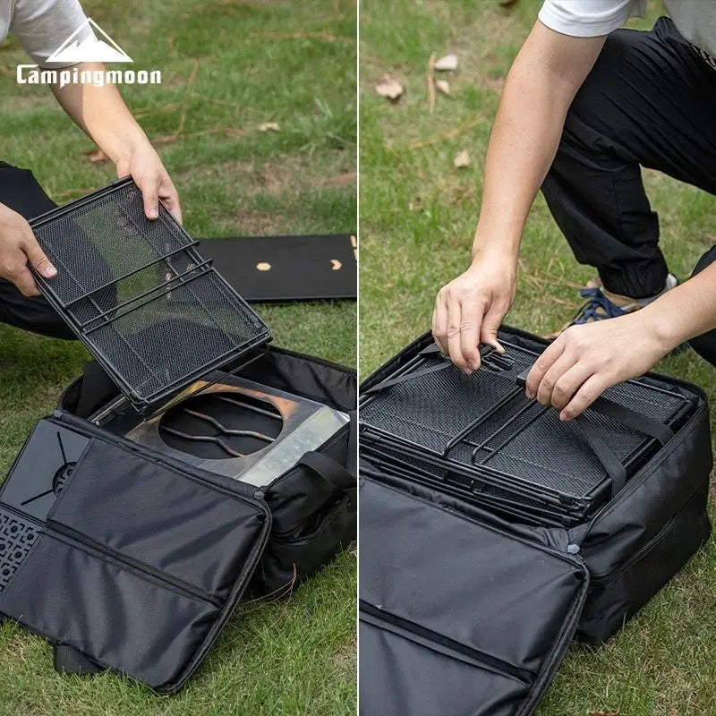 CampingMoon BK-46 large-capacity storage bag with black nylon construction and mesh tray organizers