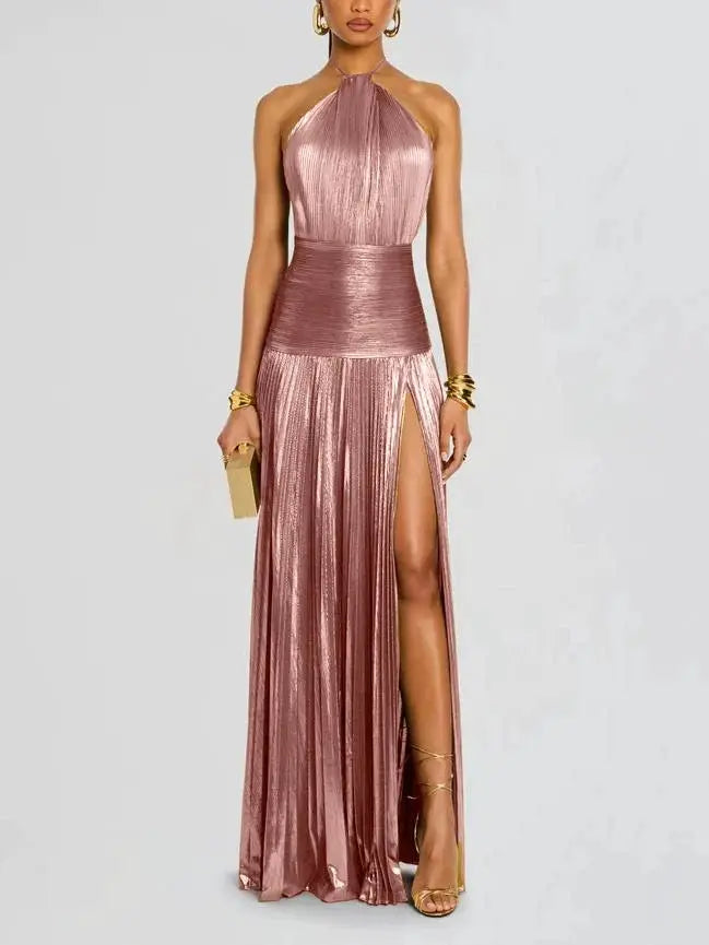 Aurora Gold Halter Neck Evening Dress With Backless Pleated Silhouette And Hip Slit For Formal Occasions